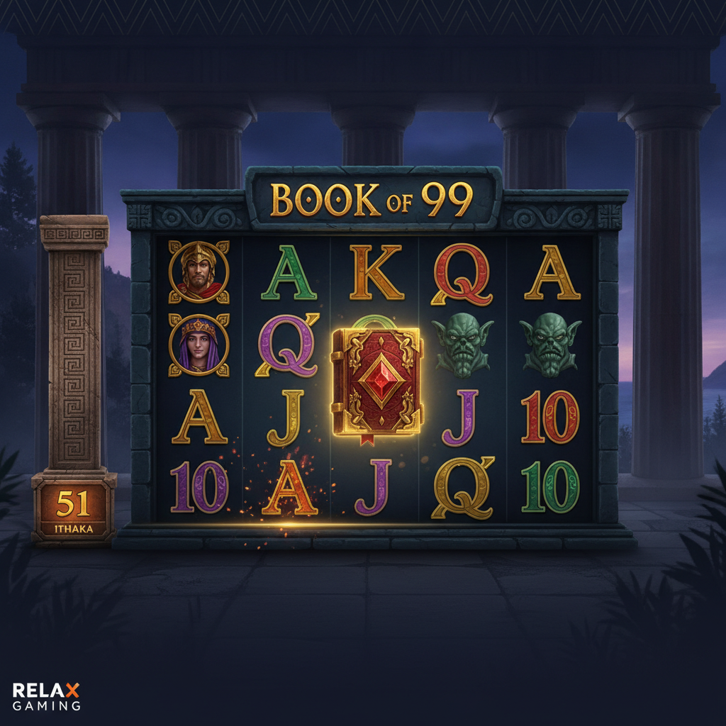 Book of 99 slot featuring ancient Greek temple with stone columns, golden ornate book wild symbol, and Greek mythology characters on 5x3 reels
