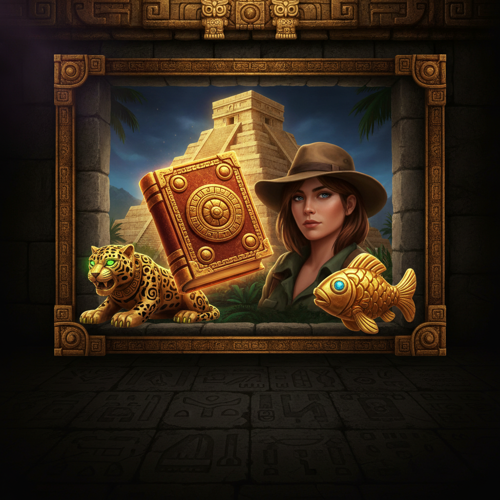 Book of Aztec slot showing ancient Aztec pyramid, golden book scatter symbol, and explorer character against stone temple backdrop
