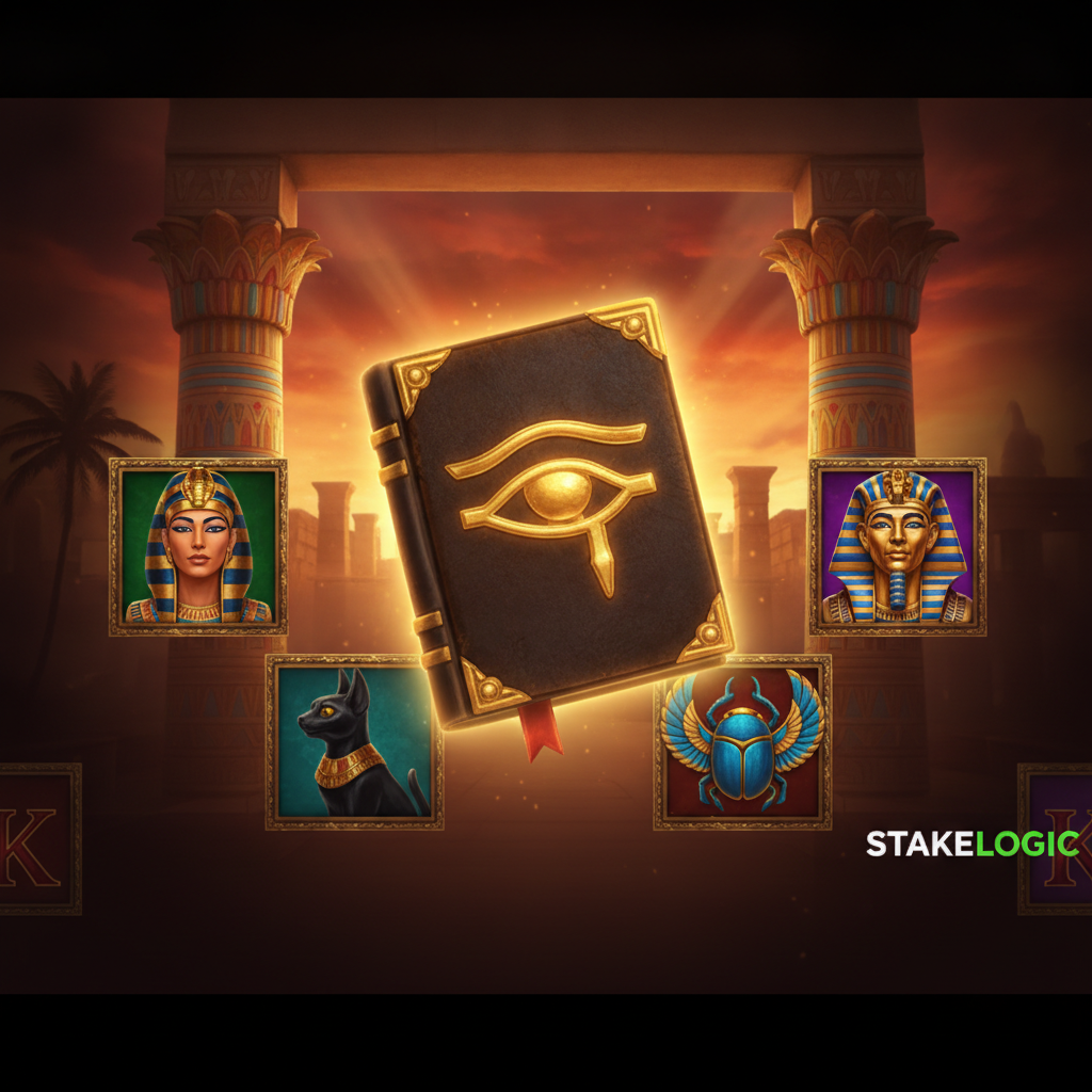 Book of Cleopatra slot game showing ancient Egyptian temple with ornate gold columns, dramatic sunset sky, golden book wild scatter symbol with Eye of Ra, Cleopatra and Pharaoh character symbols