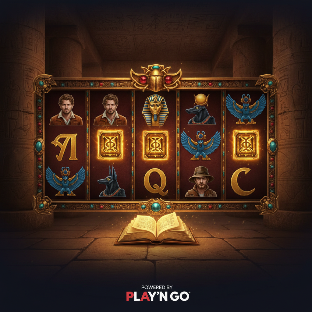 Rich Wilde and the Book of Dead slot showing ancient Egyptian temple interior with golden tomb book, hieroglyphic reels featuring Rich Wilde explorer, Anubis, Horus deity symbols