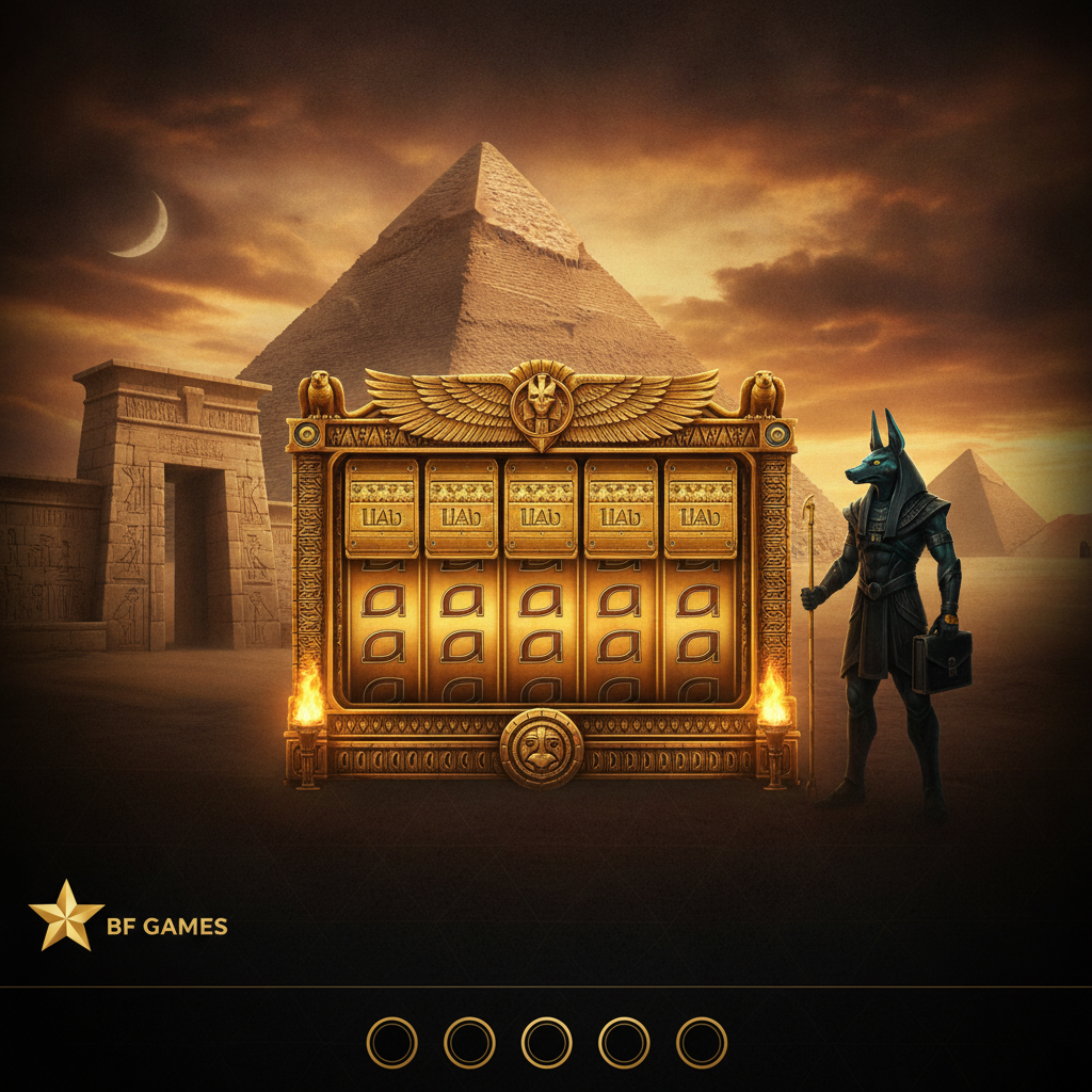 Book of Gates slot game featuring Anubis deity, golden ornate reel frame with Egyptian hieroglyphs, pyramids, and ancient temple gates in desert setting