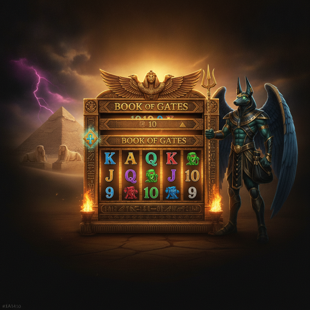 Book of Gates slot showing Anubis deity with golden reel frame, ancient Egyptian pyramids, sphinx statues, and mystical storm sky with expanding reels feature