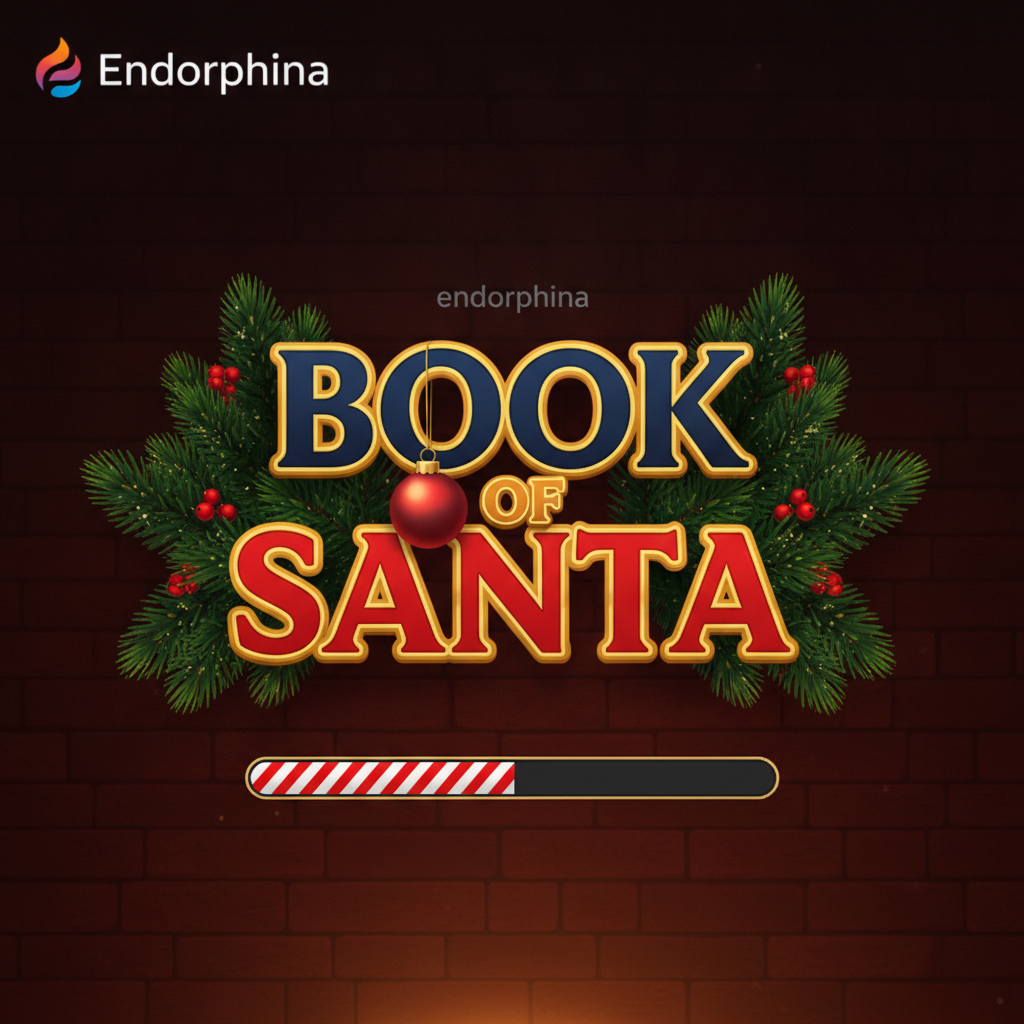 Book of Santa slot game title with golden book ornament, red and blue festive text, decorated with pine branches and candy cane loading bar