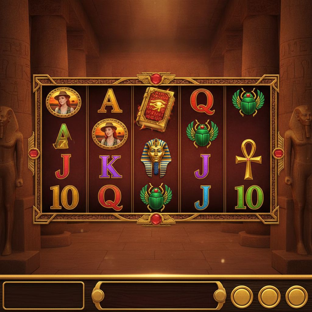 Book of Secrets slot game showing ancient Egyptian temple with golden book wild symbol, explorer woman, pharaoh mask, scarab beetle and ankh symbols on burgundy reels