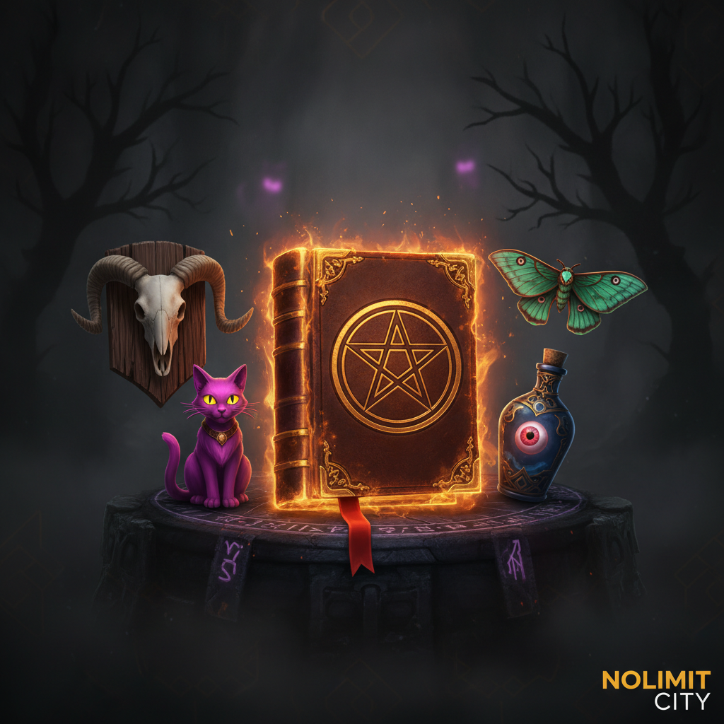 Book of Shadows slot: golden pentagram grimoire with red ribbon, surrounded by occult symbols, ram skull, purple familiar cat, and mystical potions in dark witchcraft setting