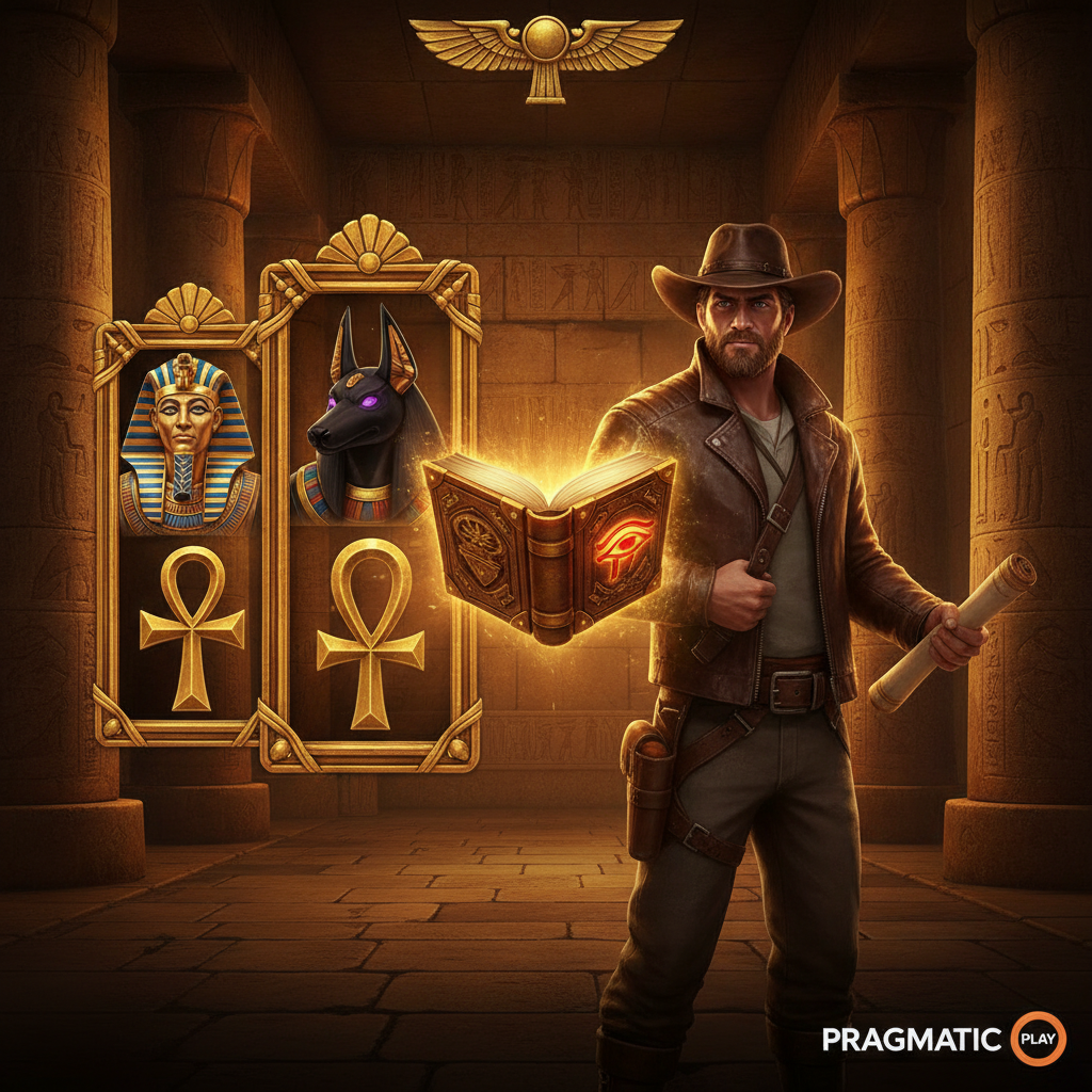 Book of the Fallen slot game featuring an adventurer explorer in ancient Egyptian temple with golden columns, hieroglyphic Book scatter symbol, Anubis deity, Pharaoh and ankh symbols