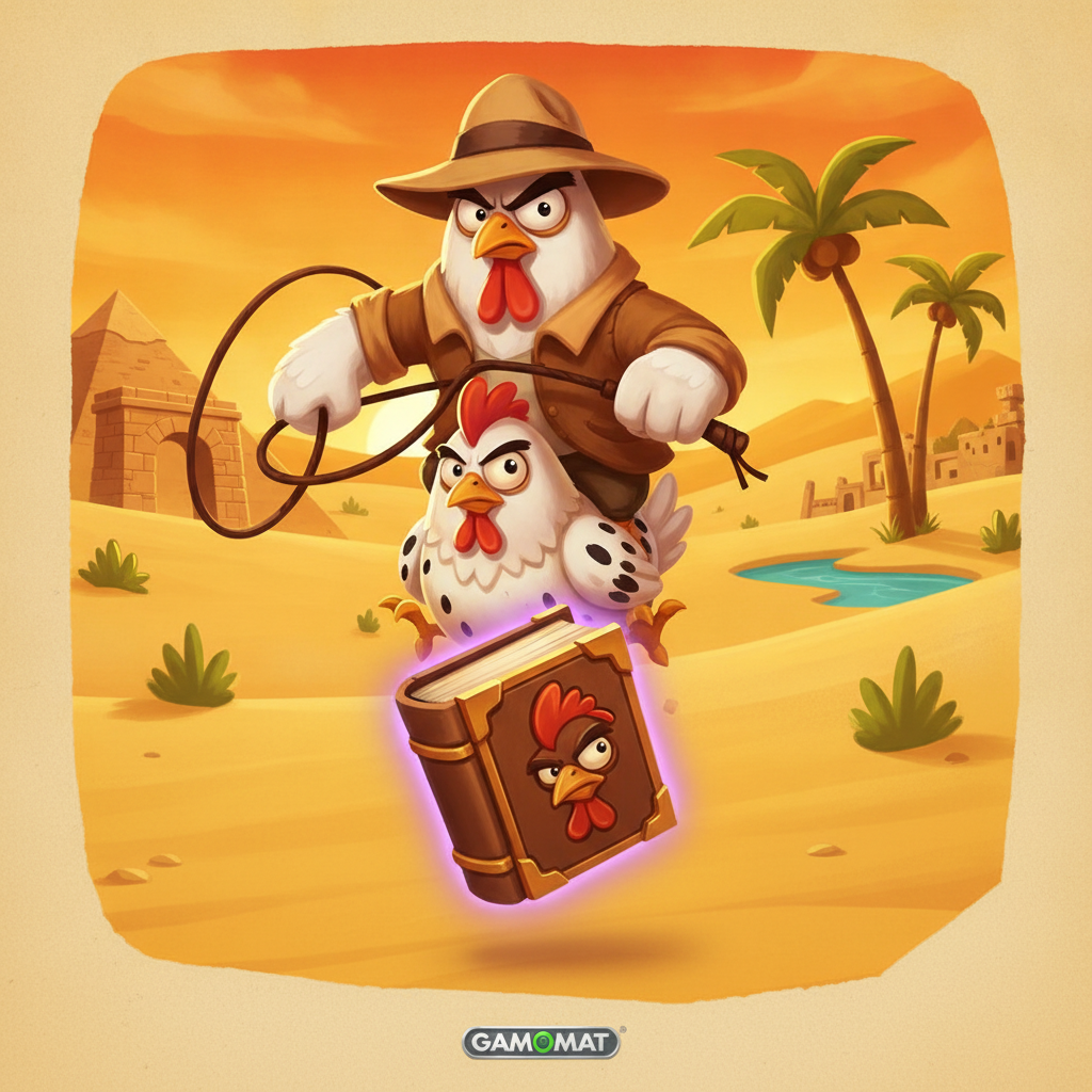 Book of Crazy Chicken slot game featuring explorer chicken character in fedora hat with whip, set against Egyptian pyramid desert sunset with golden book scatter symbol