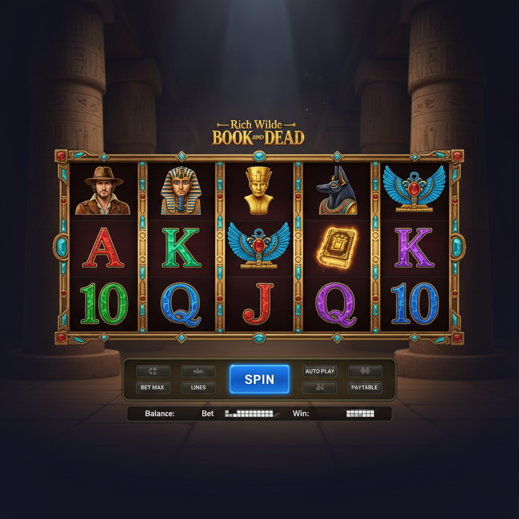 Rich Wilde and the Book of Dead slot: adventurer explorer in ancient Egyptian temple with golden book tome, hieroglyphs, Anubis, Horus and pharaoh symbols on 5x3 reels